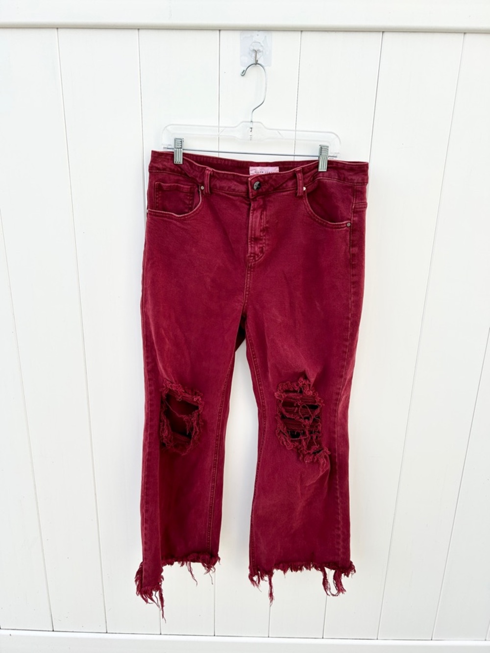Women’s Cropped Distressed Burgundy Jeans